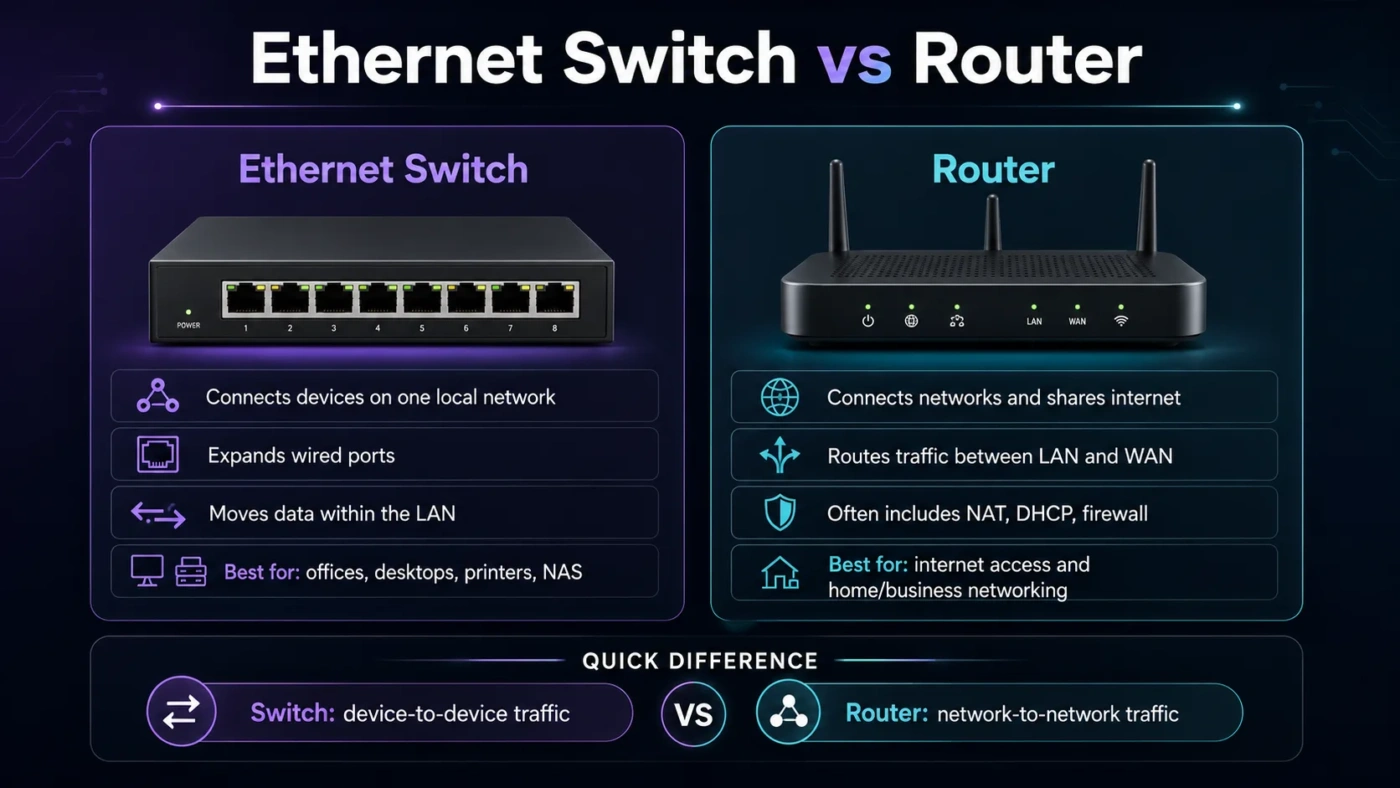 Ethernet switch vs router: clear comparison of their functions and differences in networking setup.