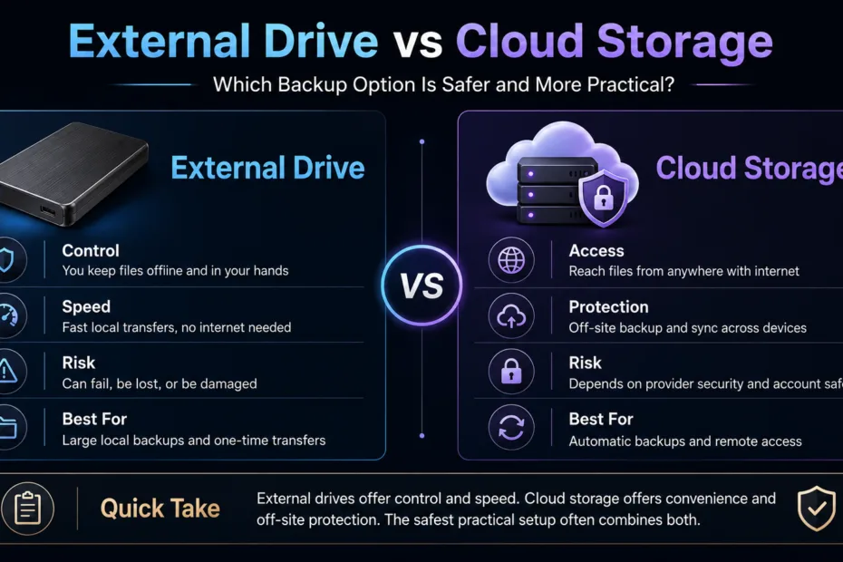 External drive vs cloud storage comparison showing safety and practicality of each backup option for data storage.
