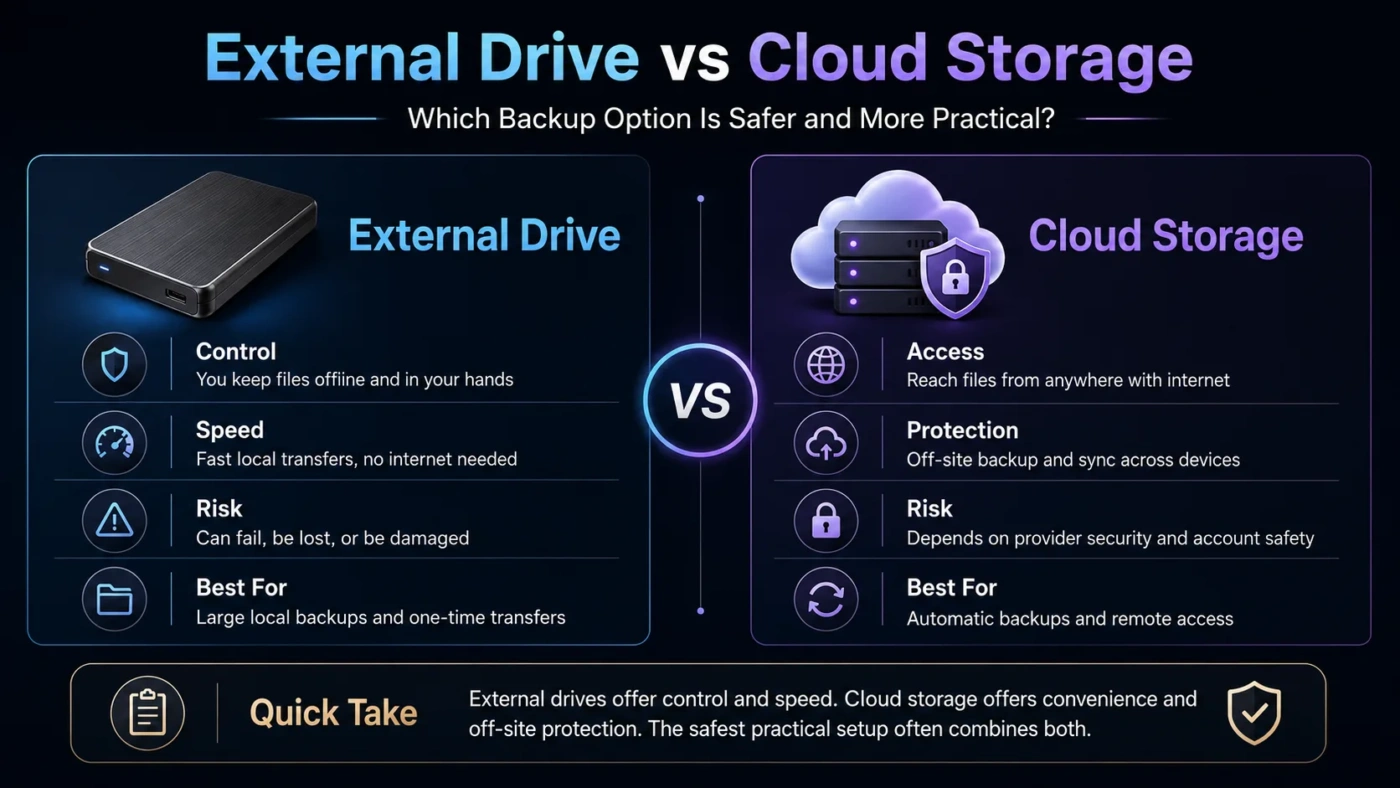 External drive vs cloud storage comparison showing safety and practicality of each backup option for data storage.