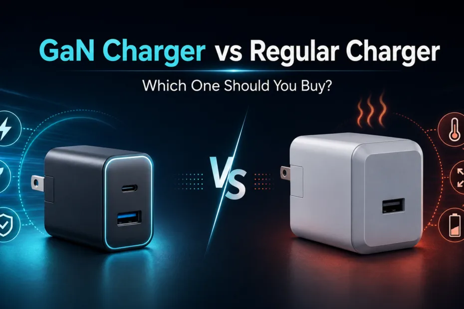GaN charger vs regular charger comparison showing faster charging and compact design for efficient device power.