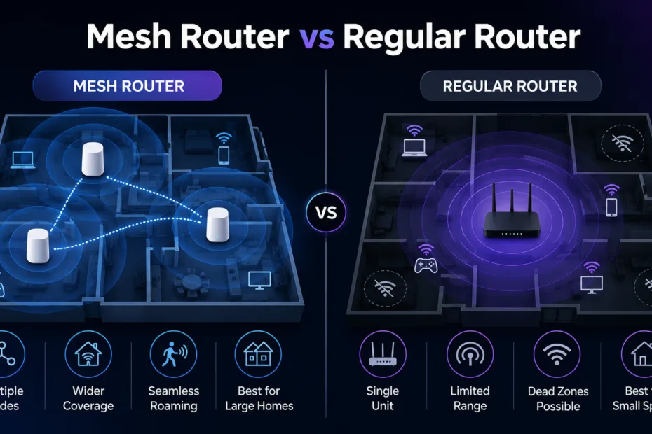 A comparison of mesh router vs regular router, highlighting key differences in setup and coverage for better Wi-Fi performance.