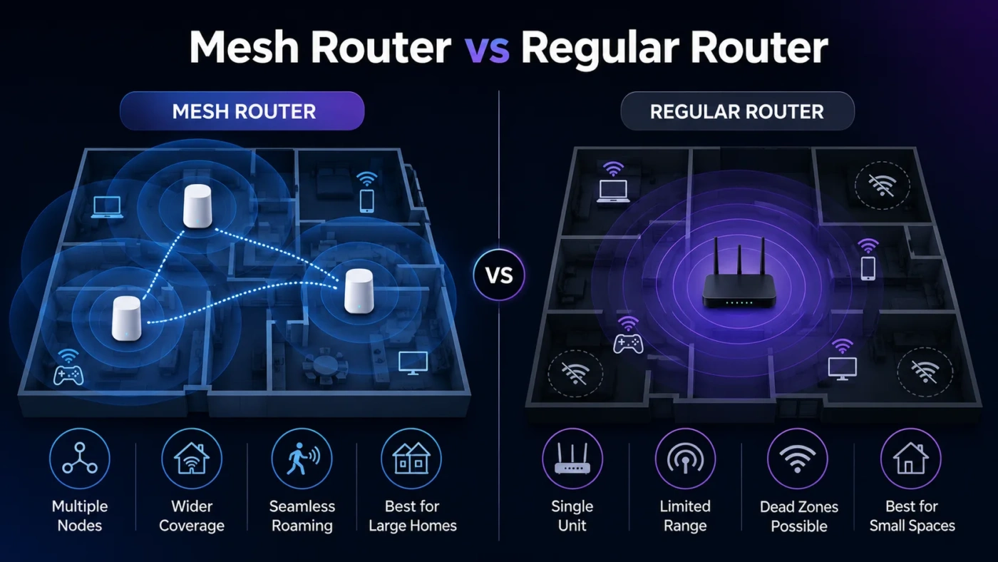 A comparison of mesh router vs regular router, highlighting key differences in setup and coverage for better Wi-Fi performance.