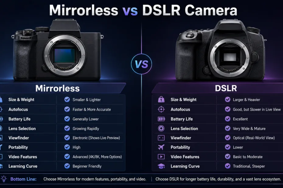 A comparison chart of mirrorless vs DSLR camera features to help choose the best camera type for photography.