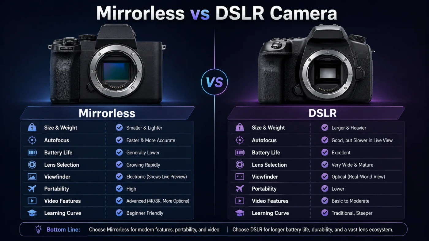 A comparison chart of mirrorless vs DSLR camera features to help choose the best camera type for photography.