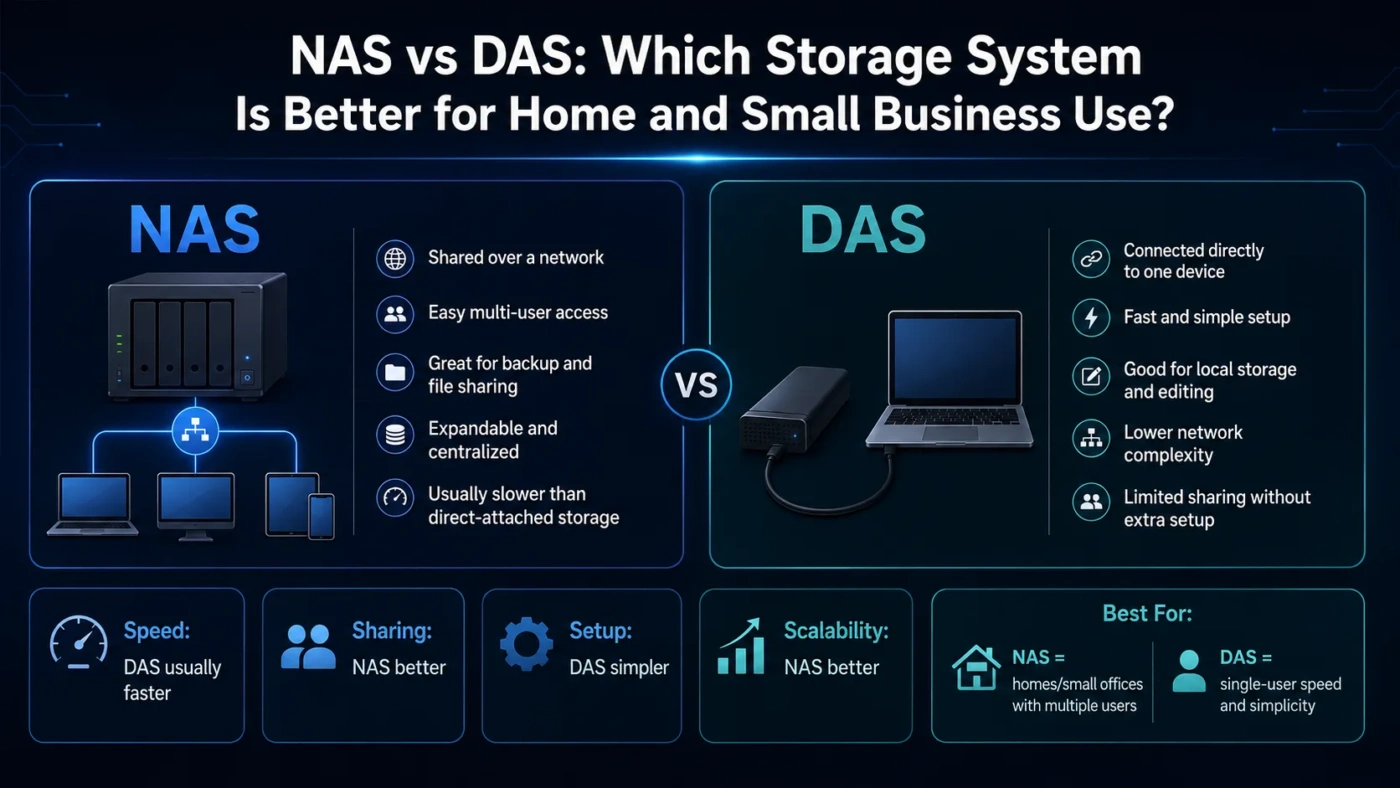 NAS vs DAS: Compare storage solutions ideal for home and small business use, highlighting key features and differences.