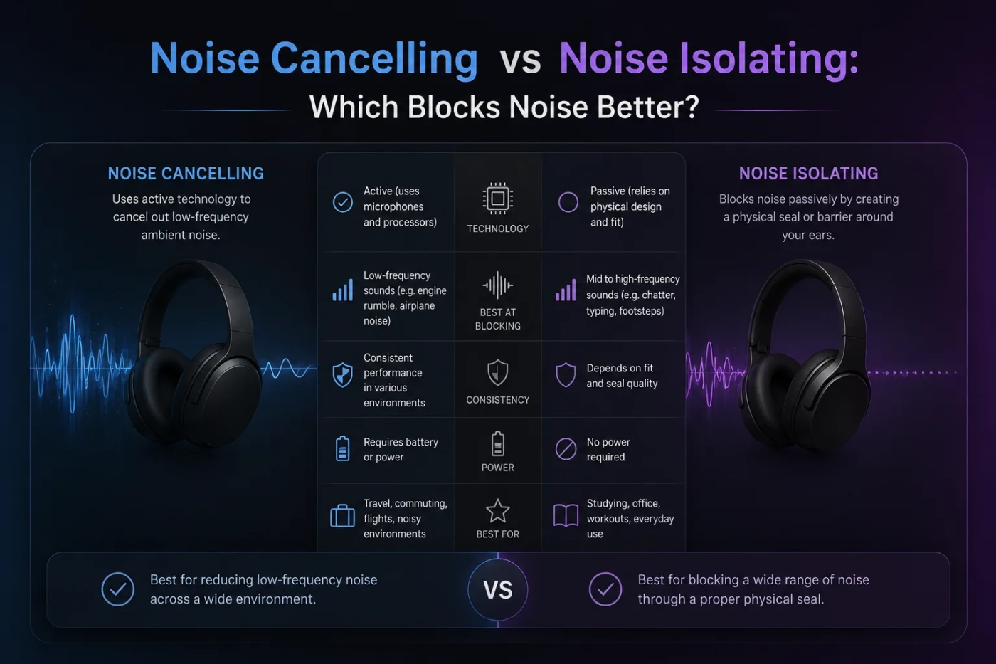 Comparison of noise cancelling and noise isolating headphones to help you choose which blocks noise better.