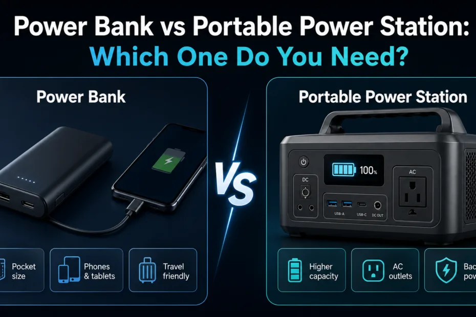 Comparison of power bank vs portable power station to help you decide which portable charging device fits your needs.