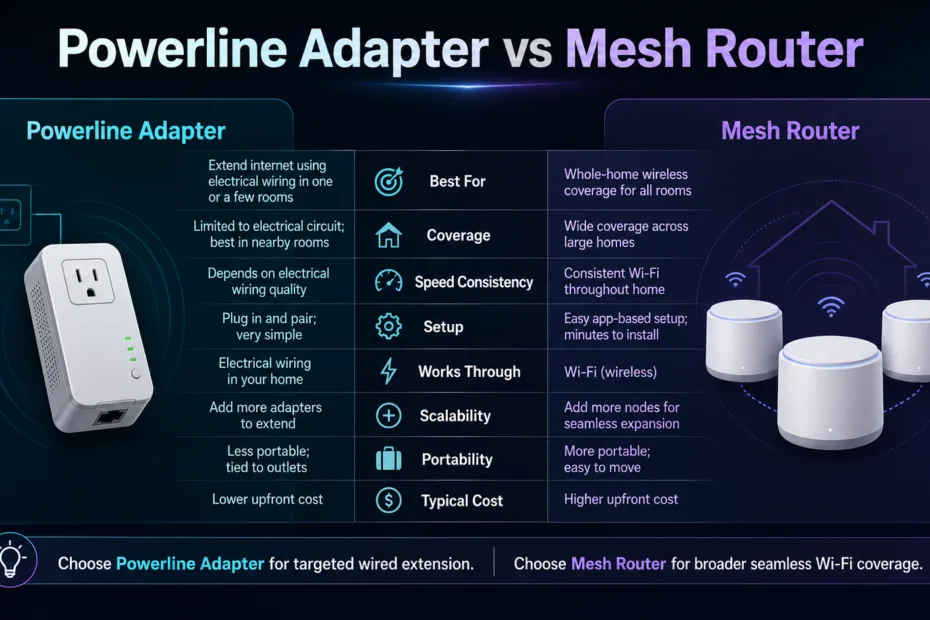 Powerline adapter vs mesh router comparison showing which home network upgrade offers better connectivity and coverage.