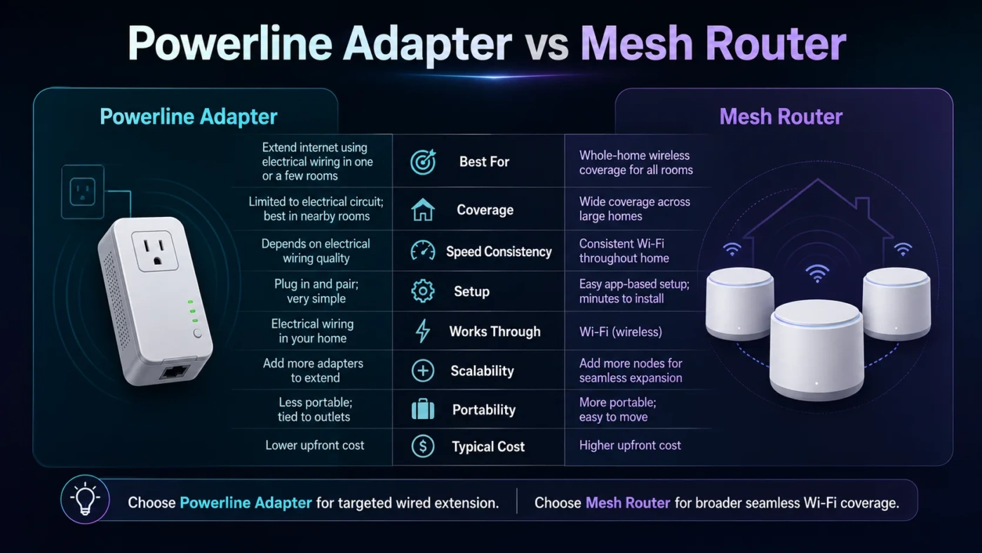 Powerline adapter vs mesh router comparison showing which home network upgrade offers better connectivity and coverage.