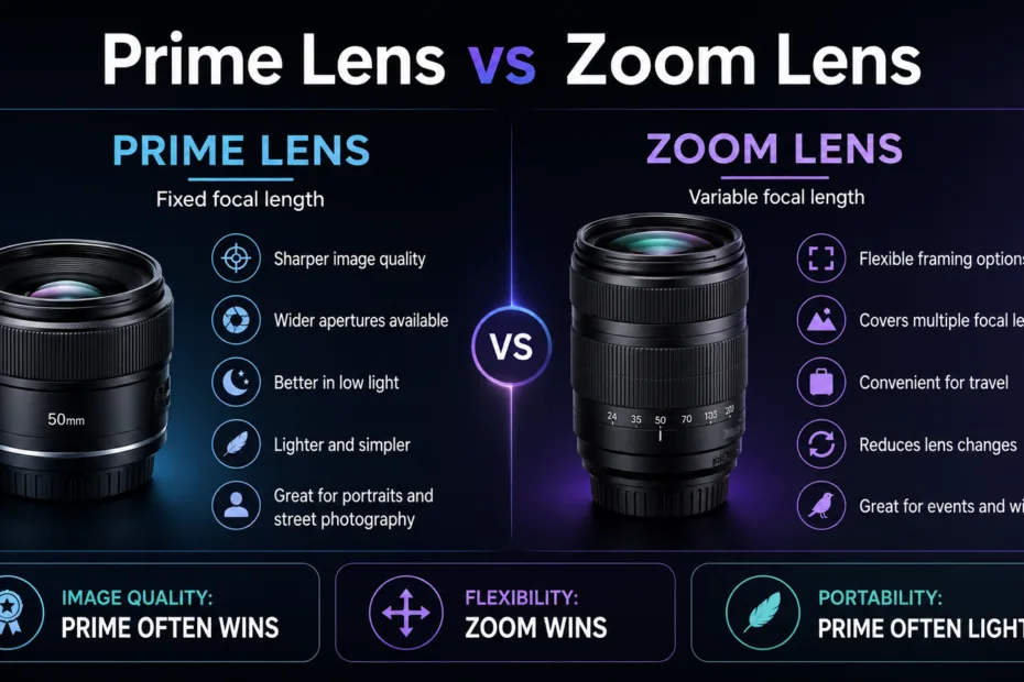 Prime lens vs zoom lens comparison showing differences in focal length and versatility for photography.