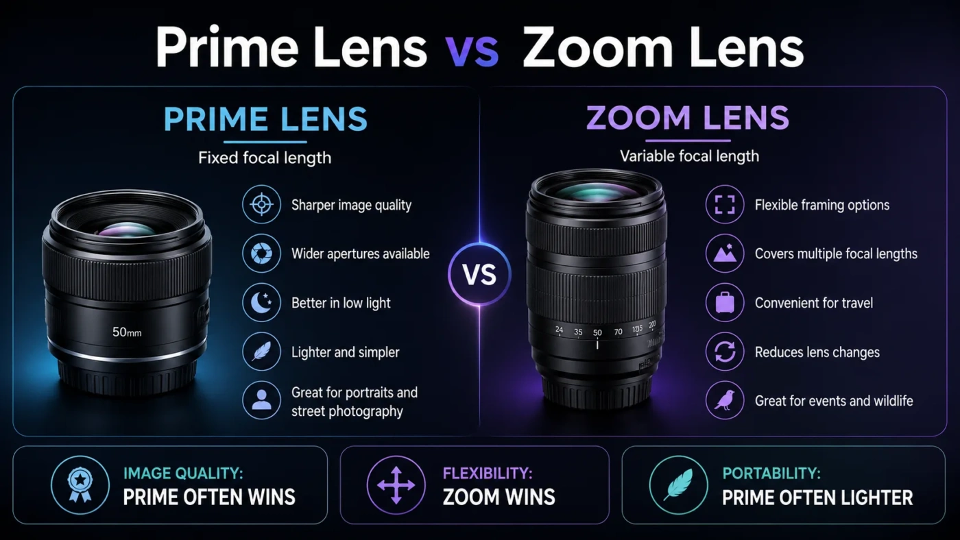 Prime lens vs zoom lens comparison showing differences in focal length and versatility for photography.
