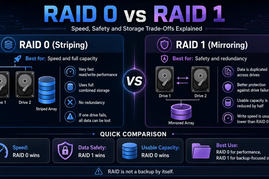 Comparison of RAID 0 vs RAID 1 showing speed, safety, and storage differences for data redundancy and performance.