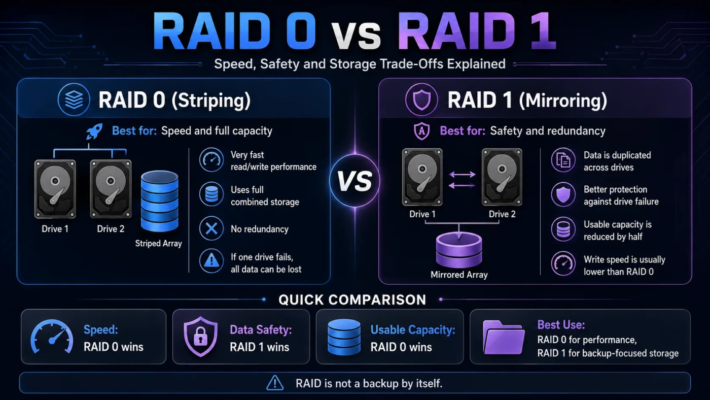 Comparison of RAID 0 vs RAID 1 showing speed, safety, and storage differences for data redundancy and performance.