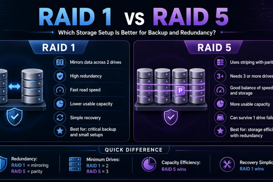 A comparison of RAID 1 vs RAID 5 storage configurations for backup and redundancy.