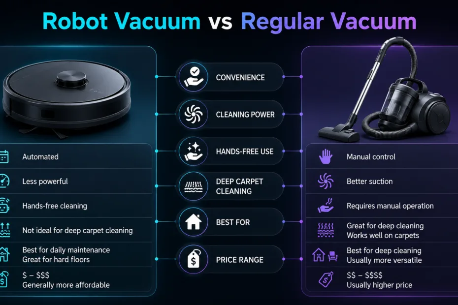 Robot vacuum vs regular vacuum comparison, showing features and advantages of robotic cleaning devices versus traditional vacuums.