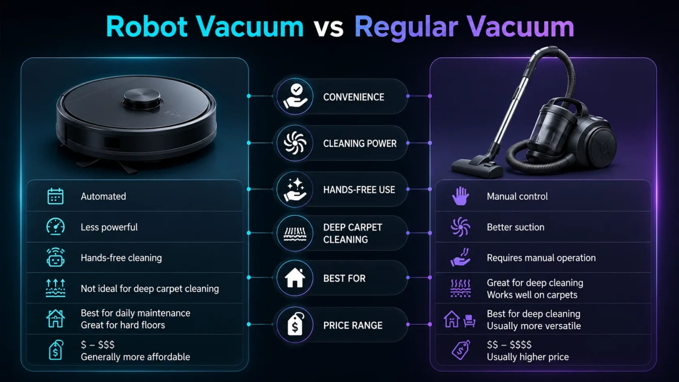 Robot vacuum vs regular vacuum comparison, showing features and advantages of robotic cleaning devices versus traditional vacuums.