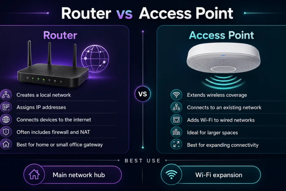 A comparison image explaining the differences between a router and an access point for better network setup understanding.