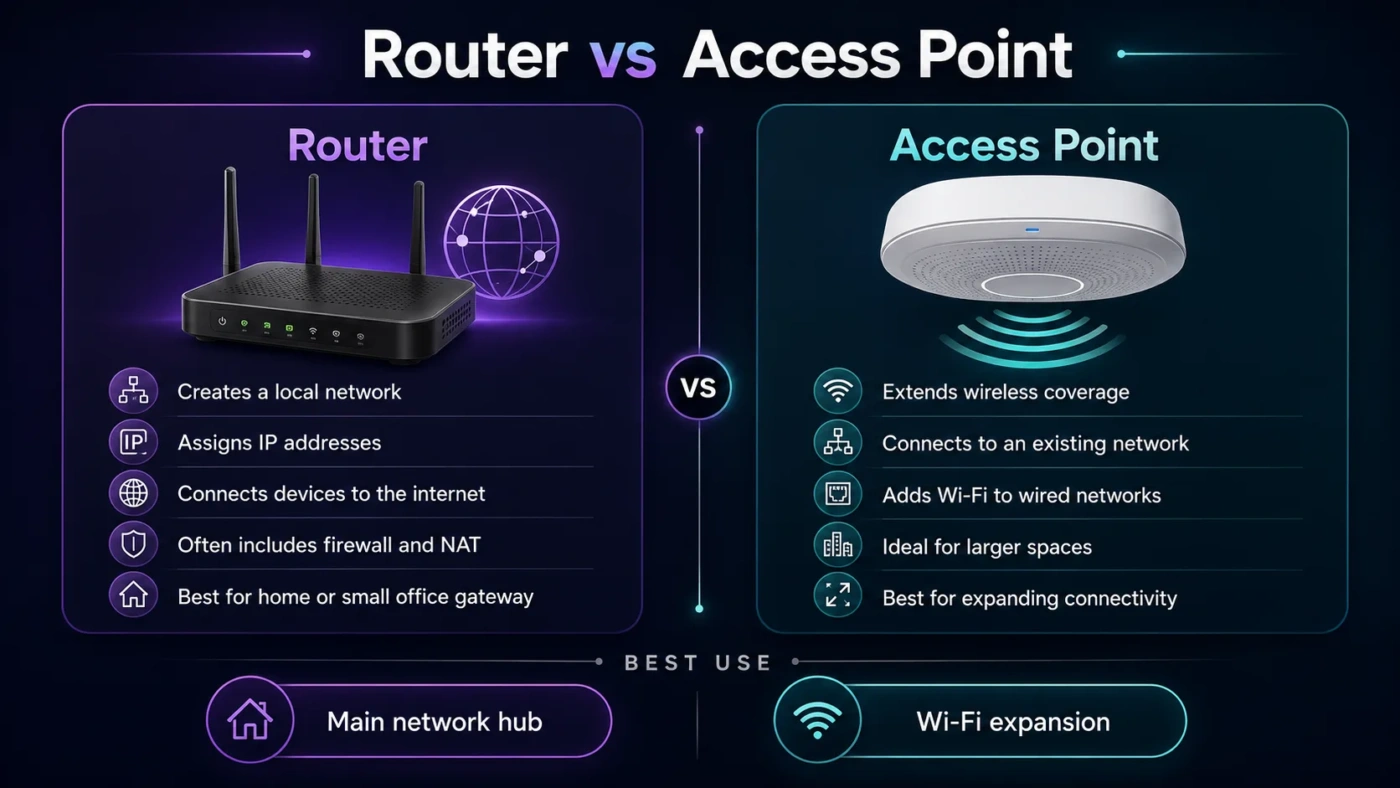 A comparison image explaining the differences between a router and an access point for better network setup understanding.
