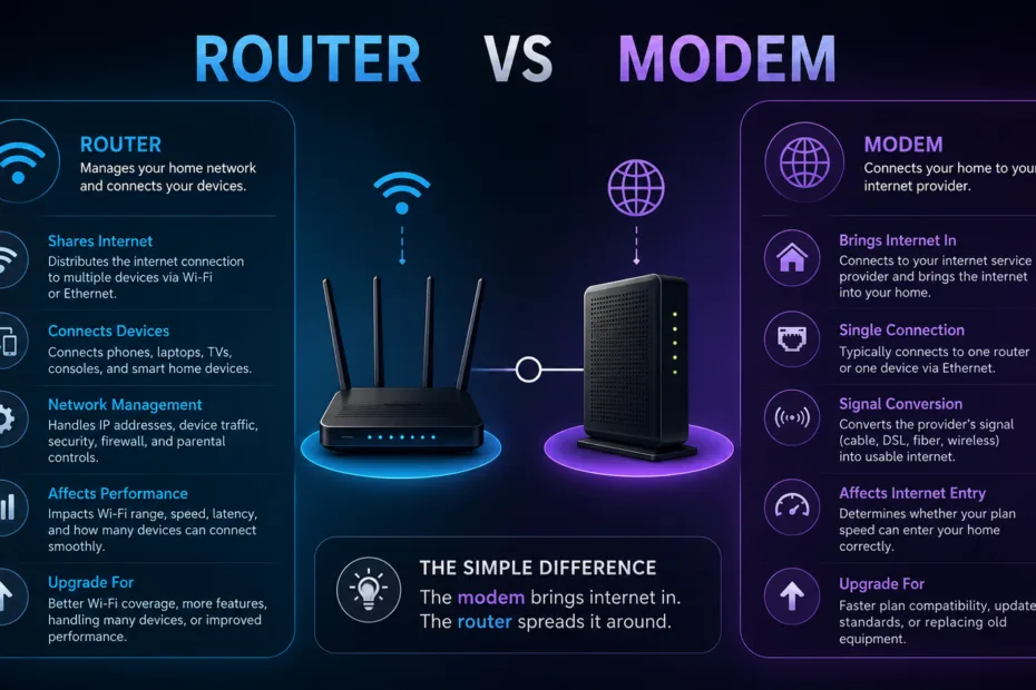 A clear comparison of a router and modem, showing their differences and functions in home internet setup for better connectivity.