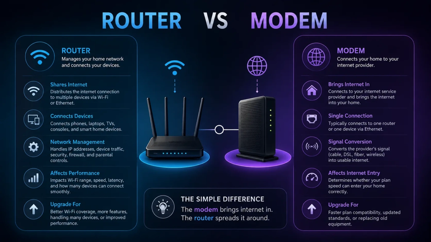 A clear comparison of a router and modem, showing their differences and functions in home internet setup for better connectivity.