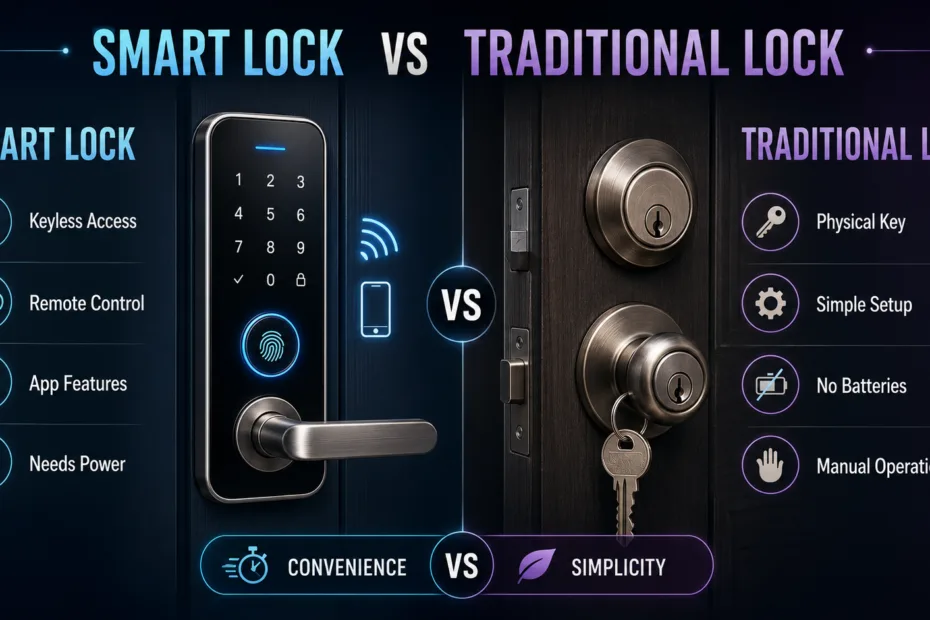 Smart lock vs traditional lock comparison highlighting convenience and simplicity in home security.
