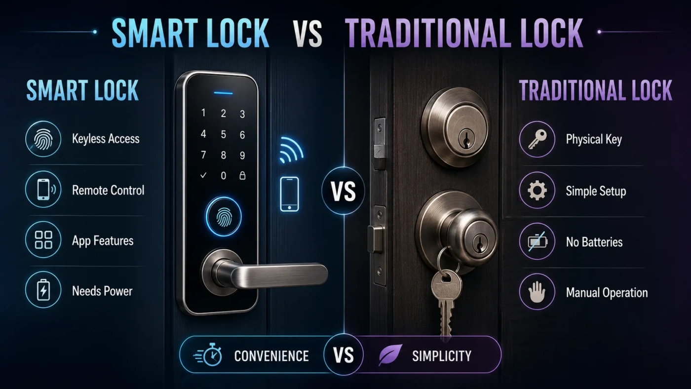 Smart lock vs traditional lock comparison highlighting convenience and simplicity in home security.