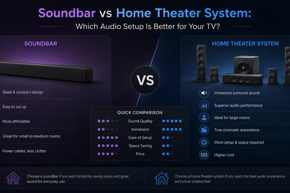 Soundbar vs home theater system comparison showing different audio setup features for better TV sound.