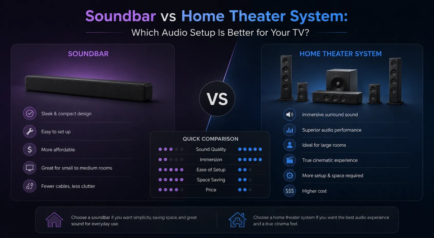 Soundbar vs home theater system comparison showing different audio setup features for better TV sound.