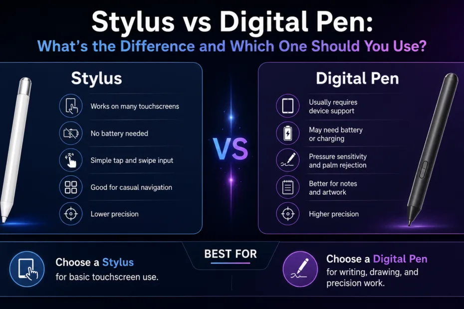 A comparison of stylus vs digital pen, showing differences and guidance on choosing the right device for digital drawing and note-taking.