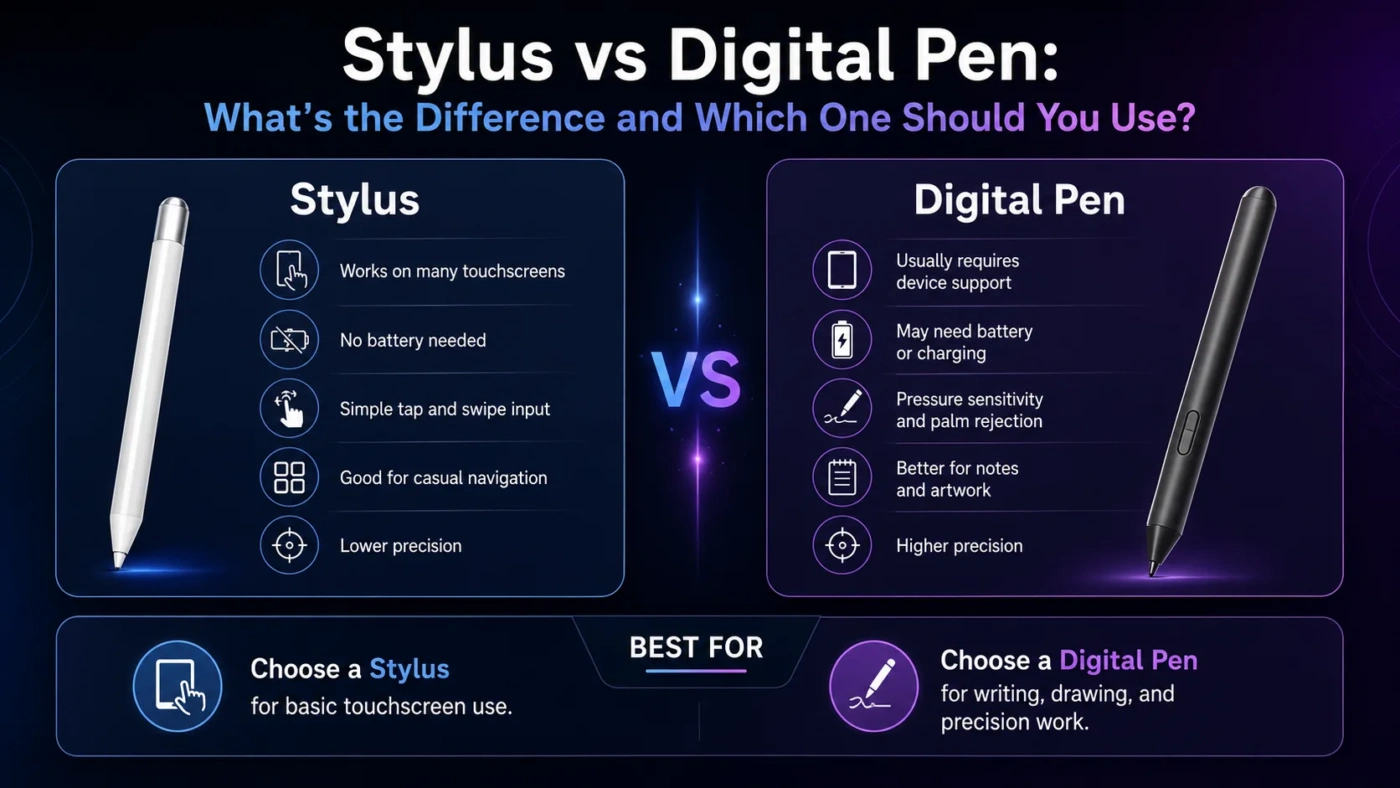 A comparison of stylus vs digital pen, showing differences and guidance on choosing the right device for digital drawing and note-taking.