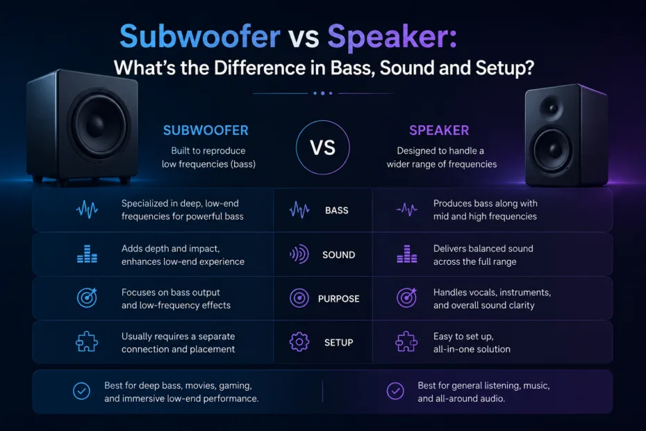 Subwoofer vs speaker: discover the key differences in bass, sound quality, and setup for better audio choices.