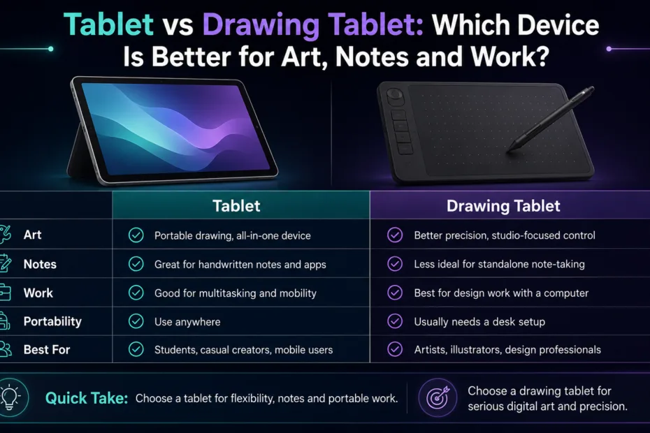 Comparative chart of tablet vs drawing tablet for art, notes, and work showing key features and suitability for creative tasks.