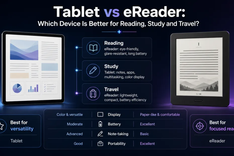 A comparison of tablet vs eReader devices, showing features for reading, study, and travel needs.