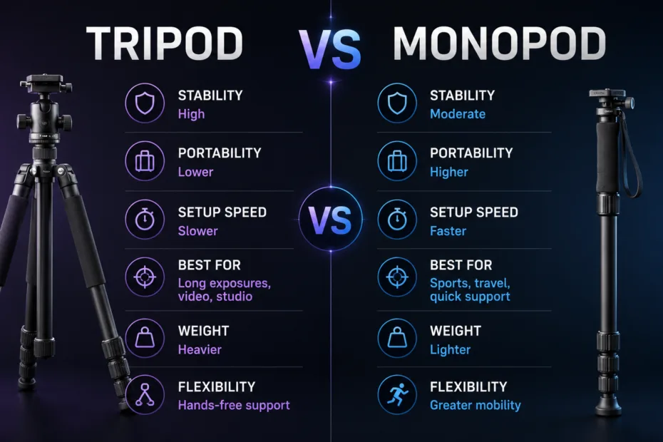 Tripod vs Monopod comparison showing their stability, portability, setup speed, weight, and flexibility for camera support.