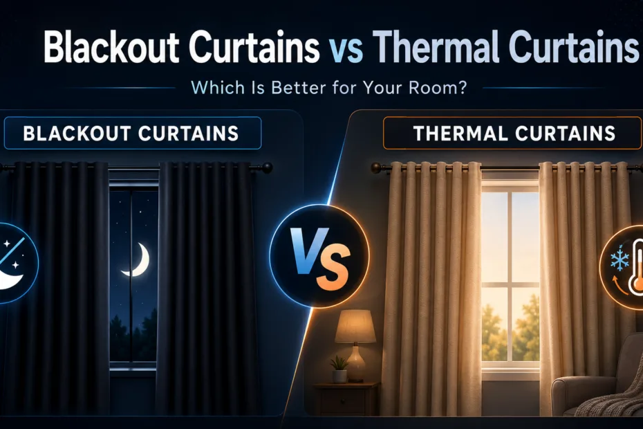 Blackout curtains versus thermal curtains, showing their differences in blocking light and providing insulation for your room.