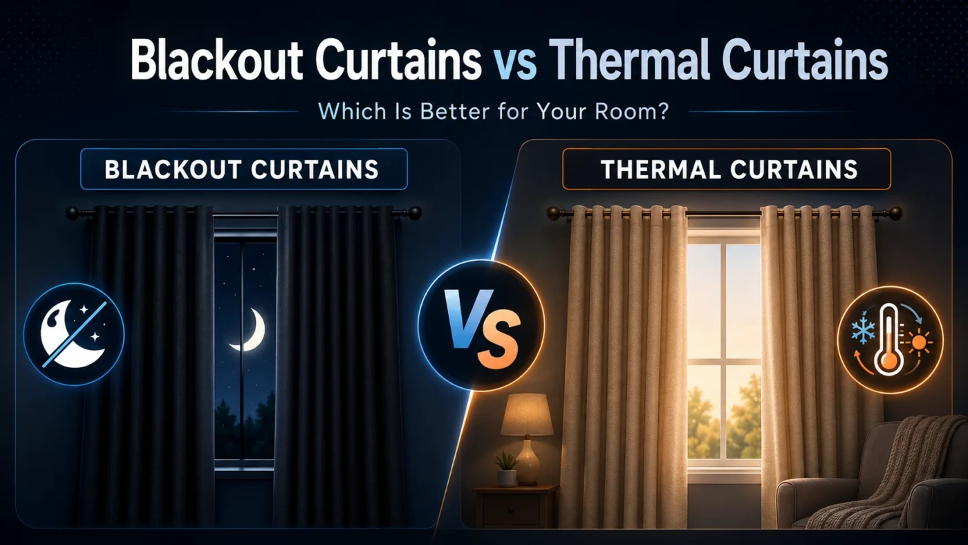 Blackout curtains versus thermal curtains, showing their differences in blocking light and providing insulation for your room.