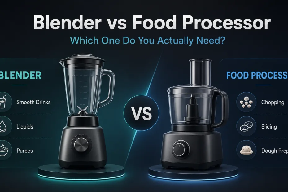 A clear comparison of blender vs food processor to help determine which kitchen appliance best suits your needs.