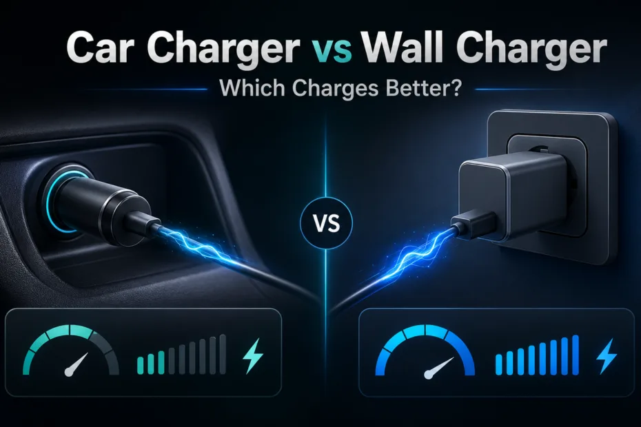A comparison of car charger versus wall charger showing charging speeds and efficiency for better device power options.