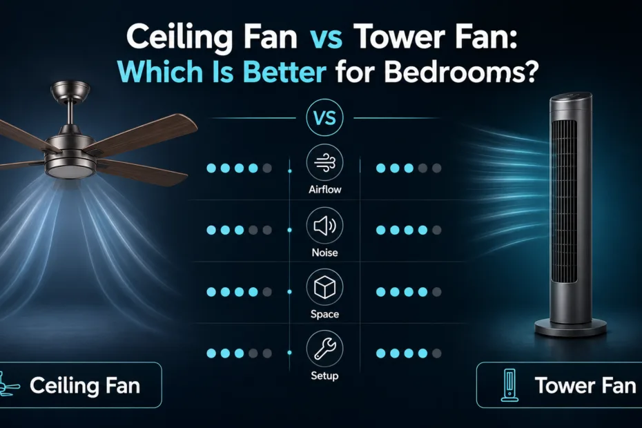Comparison of ceiling fan and tower fan for bedrooms, showing differences in airflow, energy efficiency, and design to help choose the best fan.