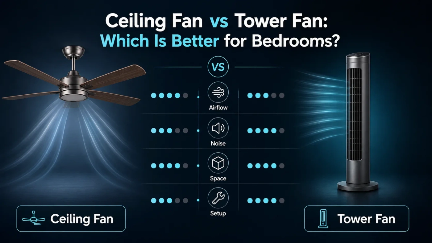 Comparison of ceiling fan and tower fan for bedrooms, showing differences in airflow, energy efficiency, and design to help choose the best fan.