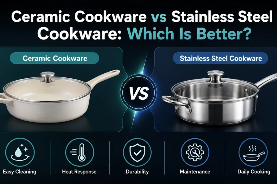 Ceramic cookware vs stainless steel cookware comparison showcasing heat response, durability, and maintenance for better cooking choices.