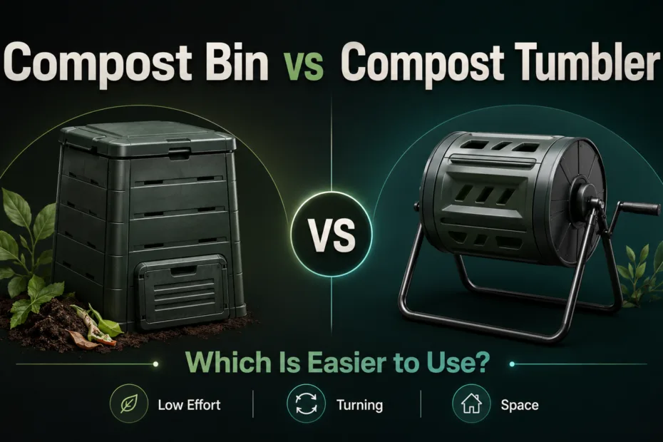 A comparison of compost bin versus compost tumbler to help find out which is easier to use for composting.