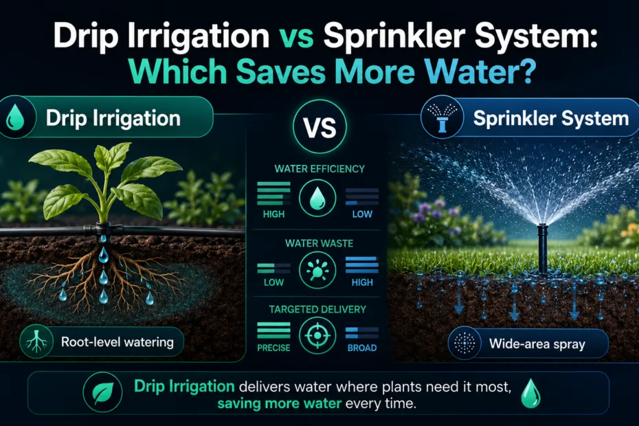 A comparison of drip irrigation vs sprinkler system highlighting water-saving capabilities for efficient irrigation.