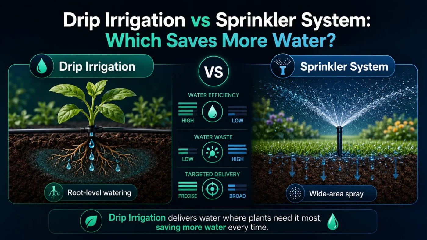 A comparison of drip irrigation vs sprinkler system highlighting water-saving capabilities for efficient irrigation.