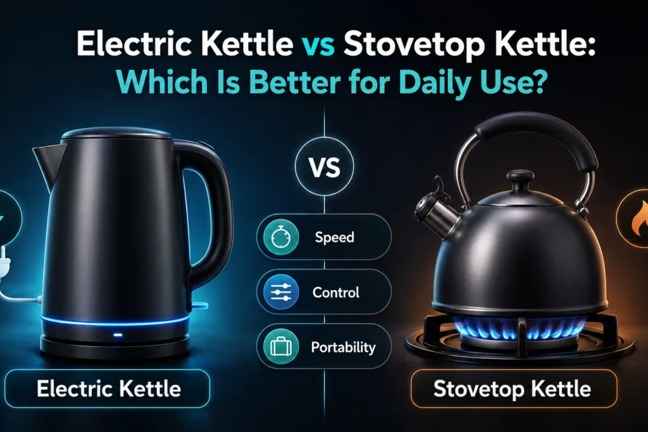 Electric kettle vs stovetop kettle comparison for daily use, highlighting differences in speed, control, and portability.