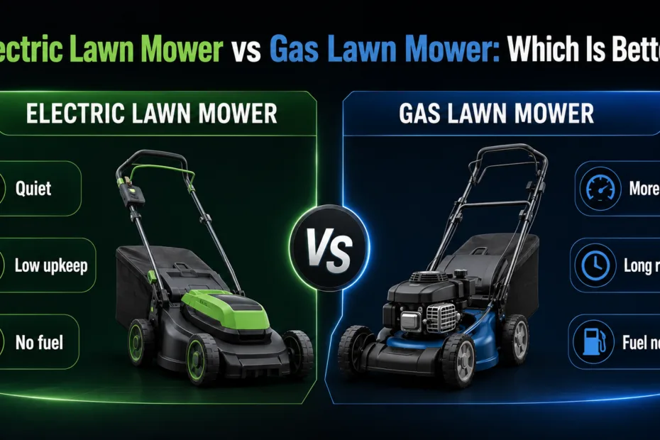 Electric lawn mower vs gas lawn mower comparison showing battery-powered and gas-powered lawn care tools.