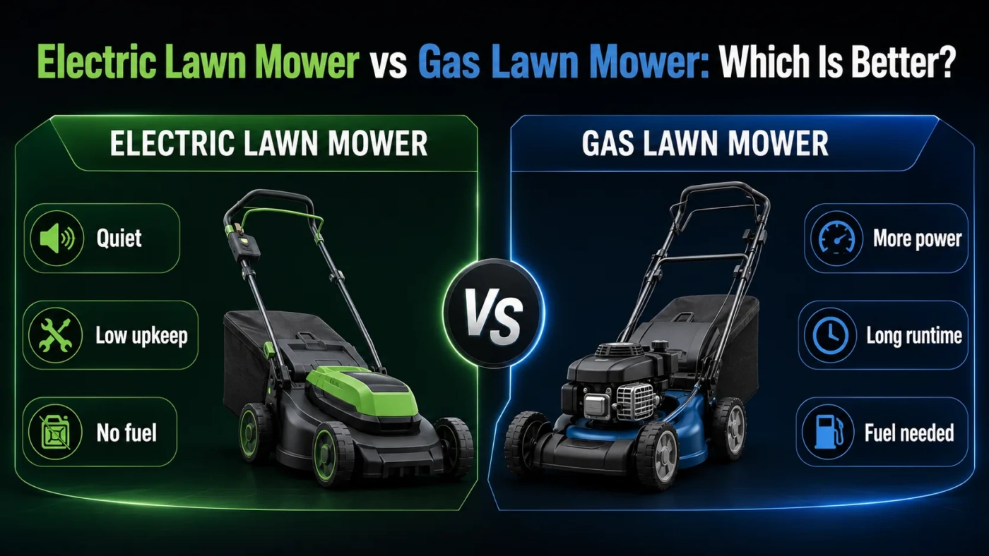 Electric lawn mower vs gas lawn mower comparison showing battery-powered and gas-powered lawn care tools.