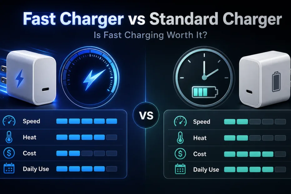 A comparison of fast charger vs standard charger showing speed, cost, and daily use differences for better charging options.