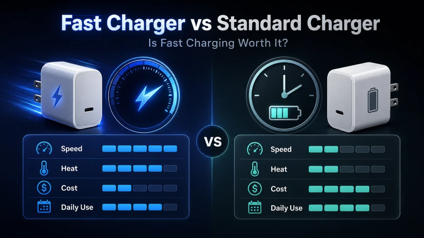 A comparison of fast charger vs standard charger showing speed, cost, and daily use differences for better charging options.