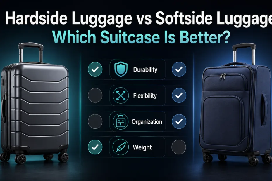 A comparison of hardside luggage vs softside luggage highlighting key features for travelers choosing the best suitcase.